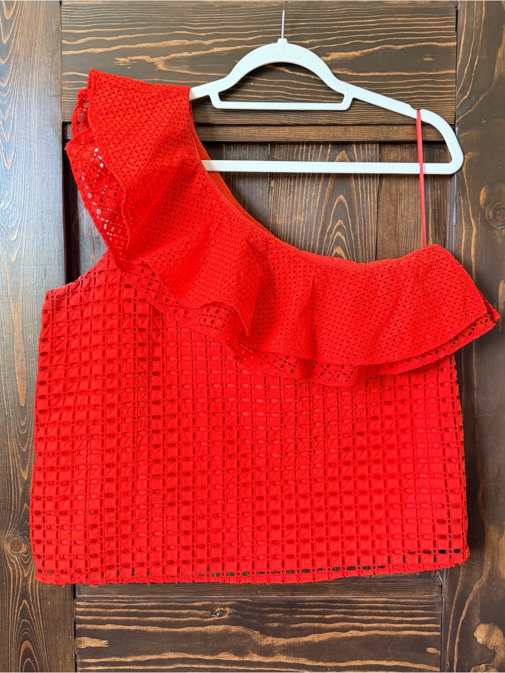 Red One-Shoulder Ruffle Eyelet Top